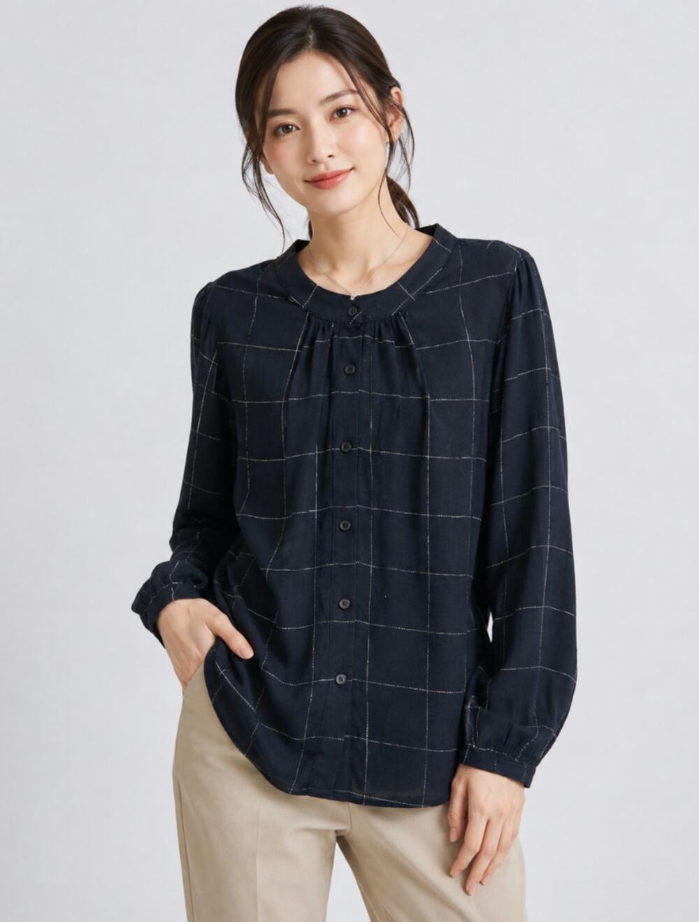 STITCH FIX- COSMIC BLUE LOVE- Womens Blouse Small Black Silver Windowpane LS NWT